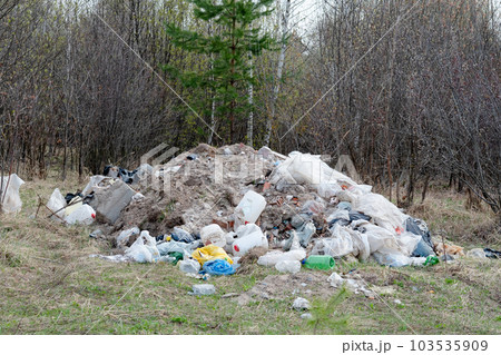 a large pile of garbage on the background of the forest. Environmental problems with plastic and garbage in the forest 103535909