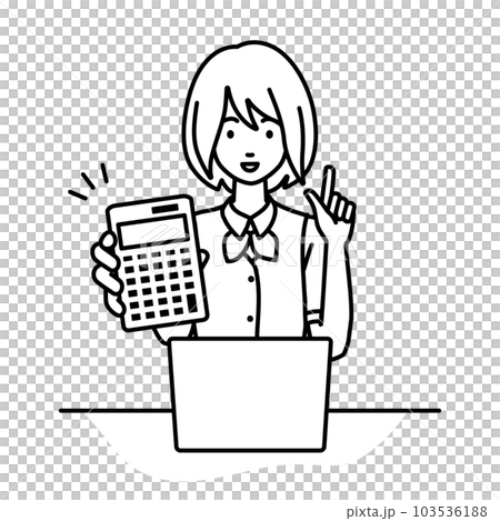 座ってデスクでノートPCを開いて電卓を指差してこちらに向けて見せている事務員制服の女性 103536188