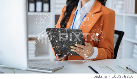 Business women entrepreneurs show creative business strategies concept. On the desk in the morning. Business women entrepreneurs show creative business strategies concept. On the desk in the morning. 103536816