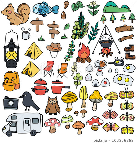 キャンプをイメージした手描き小物カラーイラストセット 103536868