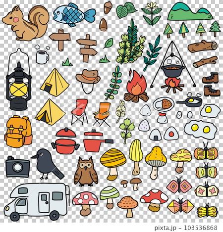 キャンプをイメージした手描き小物カラーイラストセット 103536868