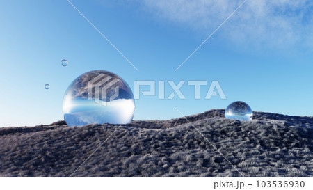 3d render Surreal shaggy surface Grassland mountain landscape background in minimal concept, abstract fantastic dune, panoramic, futuristic beauty meadow. copy space, blue sky and cloudy 103536930