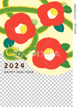 New Year's card 2024 Design Illustration Camellia and Dragon Year of the Dragon Vertical composition 103536960