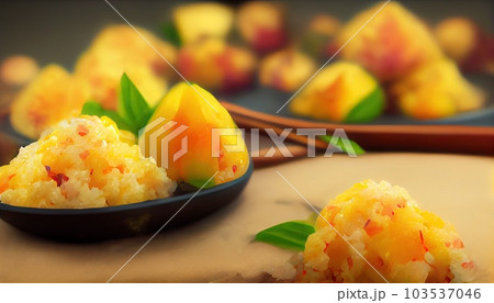 fresh ripe mango and sticky rice with coconut milk, authentic Thai dessert. Generative AI fresh ripe mango and sticky rice with coconut milk, authentic Thai dessert. Generative AI 103537046