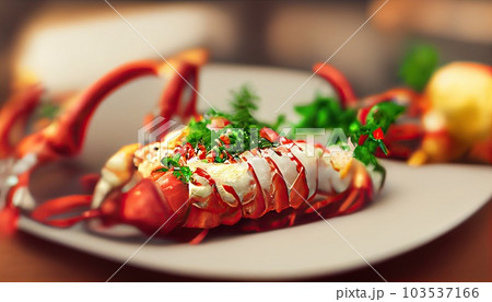 Lobster with flavored butter. Herb butter, lemon. Delicious healthy traditional food closeup served for lunch in modern gourmet cuisine restaurant. Generative AI. 103537166