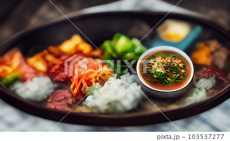 Assortment of Korean traditional dishes. Asian food. Top view, flat lay, Generative AI. 103537277