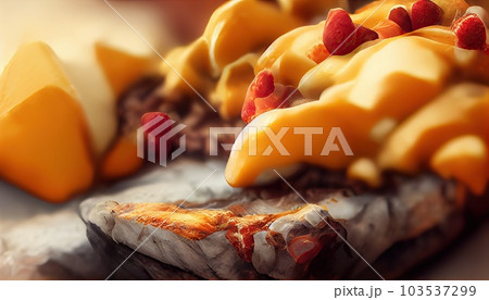 Philly cheesesteak sandwich made with steak, cheese and onions on a hoagie roll on a wooden board. Generative AI Philly cheesesteak sandwich made with steak, cheese and onions on a hoagie roll on a wooden board. Generative AI 103537299