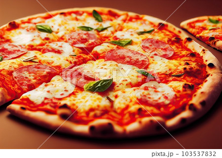 Close up Italian pizza about cheese it stick. Selective focus. Generative AI. Close up Italian pizza about cheese it stick. Selective focus. Generative AI. 103537832
