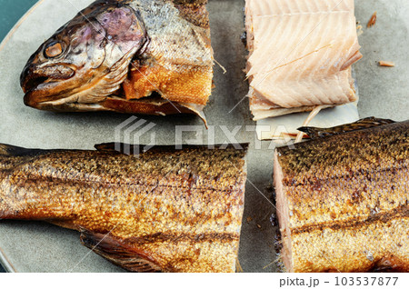 Salmon hot smoked, smoked fish Salmon hot smoked, smoked fish 103537877