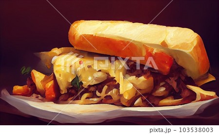 Philly cheesesteak sandwich made with steak, cheese and onions on a hoagie roll on a wooden board. Generative AI 103538003