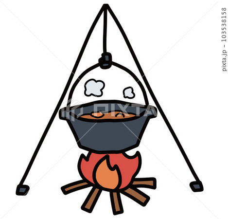 トライポッドにつるして焚火でカレーを煮込んでいるイラスト 103538158