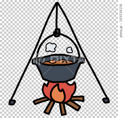 トライポッドにつるして焚火でカレーを煮込んでいるイラスト 103538158