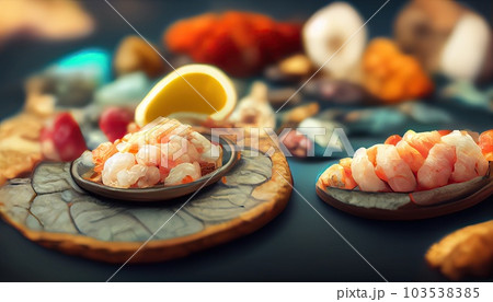 Seafood charcuterie platter board with shrimp, oysters, fish and octopus on black background. Top view, close up. Generative AI 103538385