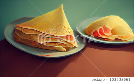 Pancakes with strawberries and cream on table. Generative AI 103538661