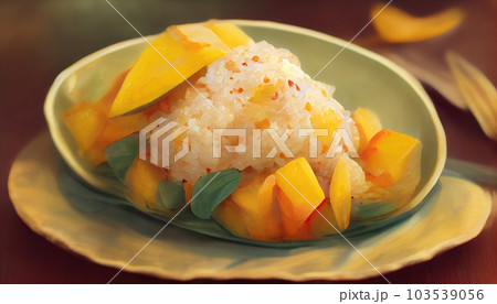 fresh ripe mango and sticky rice with coconut milk, authentic Thai dessert. Generative AI 103539056