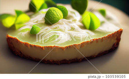Beautiful key lime pie with whipped cream and peel close-up on a plate. Generative AI Beautiful key lime pie with whipped cream and peel close-up on a plate. Generative AI 103539105