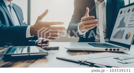 Crop close up of successful male business partners in formal suit sit at desk brainstorm using modern laptop at meeting, confident businessmen discuss plans ideas at briefing, Generative AI. 103539131