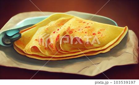Pancakes with strawberries and cream on table. Generative AI 103539197