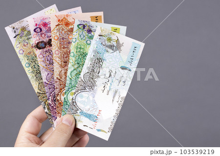 Qatari money in the hand on a gray background 103539219