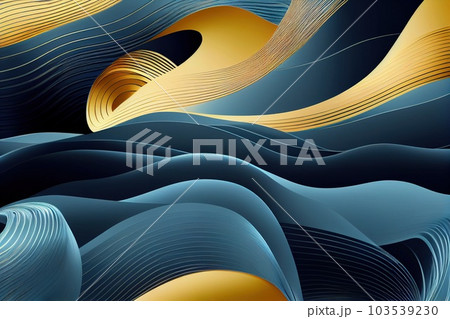 Curvy creative abstract wavy effects color curves flow minimalist luxury stylish trendy colorful waves art modern premium design simple illustration pastel blue gold background. Generative AI 103539230