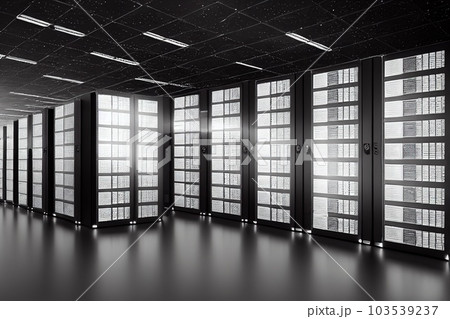 Server racks in computer network security server room data center. 3D render dark blue. Generative AI. Server racks in computer network security server room data center. 3D render dark blue. Generative AI. 103539237