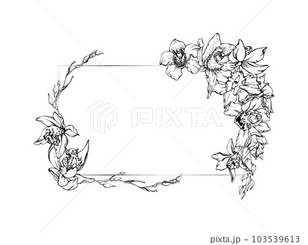 Hand drawn vector ink orchid flowers and branches, monochrome, detailed outline. Horizontal frame composition. Isolated on white background. Design for wall art, wedding, print, tattoo, cover, card. 103539613