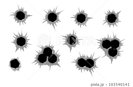 Bullet hole template. Damage and cracks on surface from bullet. Vector 103540141