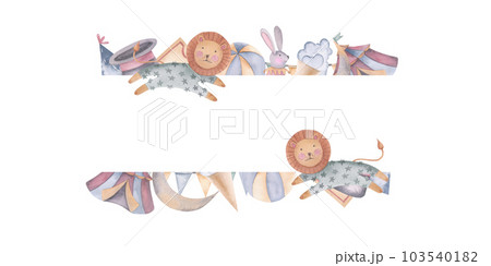 Frame with circus animals watercolor illustration. Hand drawn isolated on white background. 103540182
