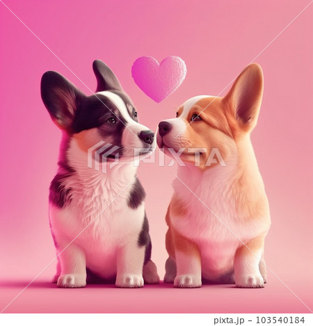 cute valentines day card with cartoon pug dogs kissing characters. Generative AI 103540184
