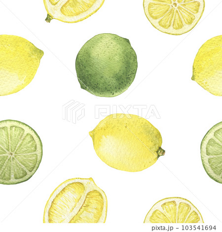 Lemon and lime watercolor illustration. Seamless pattern. Sliced lemons. 103541694