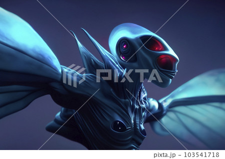 Alien. Alien character and UFO visitor and extraterrestrial humanoid creature sighting concept as a symbol for the search for intelligent life as a 3D illustration. 103541718