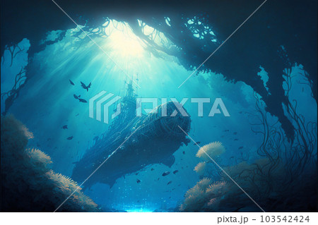 水中 光 海底 魚 海 太陽 深海 泡 海藻 洞窟 青 103542424