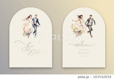 Wedding Arch Invitation with calligraphy and watercolor bride and groom. Abstract art background vector design for wedding and vip cover template. Wedding Arch Invitation with calligraphy and watercolor bride and groom. Abstract art background vector design for wedding and vip cover template. 103542659