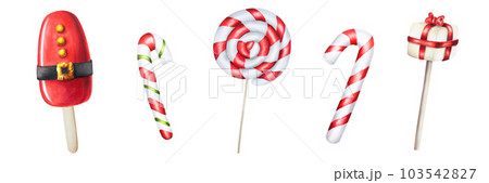 Watercolor set of christmas candy canes and ice creams illustration. New year hand painting lollipops isolated on white background. For designers, food decoration, menu, shop, for postcards, wrapping 103542827