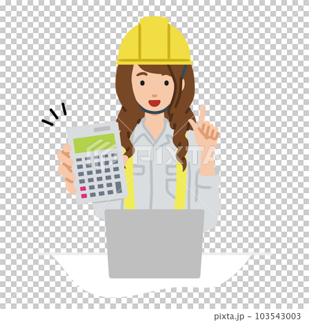 座ってデスクでノートPCを開いて電卓を指差してこちらに向けて見せている工事現場の女性 座ってデスクでノートPCを開いて電卓を指差してこちらに向けて見せている工事現場の女性 103543003