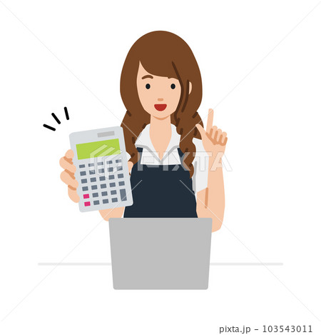 座ってデスクでノートPCを開いて電卓を指差してこちらに向けて見せているエプロンをした店員の女性 103543011