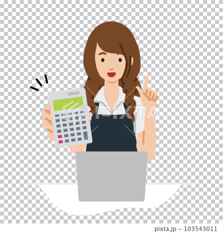 座ってデスクでノートPCを開いて電卓を指差してこちらに向けて見せているエプロンをした店員の女性 103543011