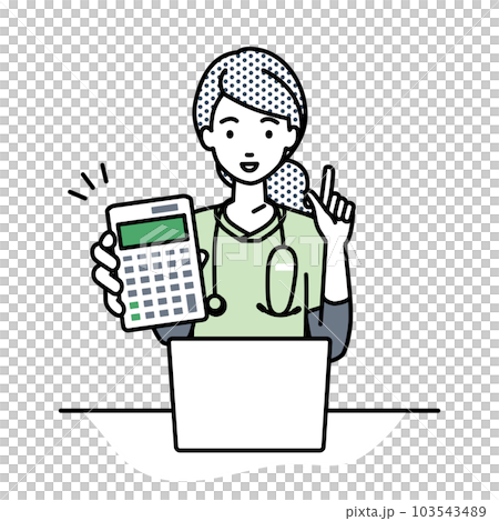 一位女護士坐在她的辦公桌前，打開她的筆記本電腦，指著一個計算器並向我們展示 103543489