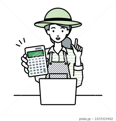 座ってデスクでノートPCを開いて電卓を指差してこちらに向けて見せている農家の女性 座ってデスクでノートPCを開いて電卓を指差してこちらに向けて見せている農家の女性 103543492