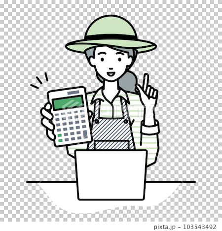 一位農婦坐在辦公桌前,打開筆記本電腦,指著一個指向你的計算器 一位農婦坐在辦公桌前,打開筆記本電腦,指著一個指向你的計算器 103543492