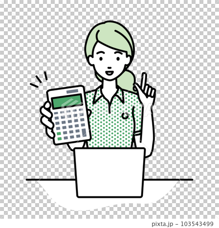 A woman in a polo shirt sitting at her desk with her laptop open and pointing at a calculator pointing at you 103543499