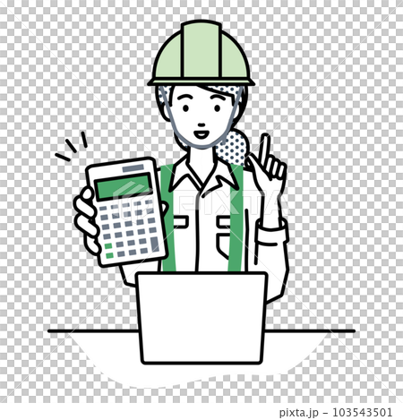 A woman at a construction site sitting at her desk, opening her laptop, pointing at a calculator, and showing it to us 103543501