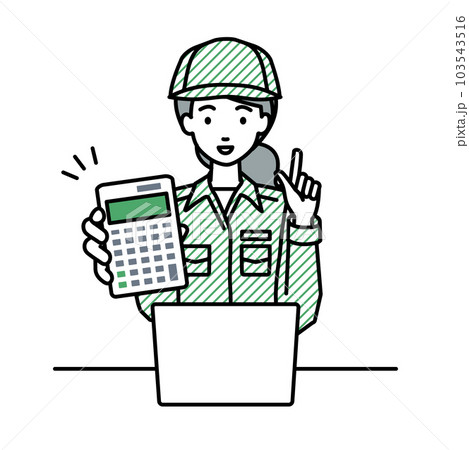 座ってデスクでノートPCを開いて電卓を指差してこちらに向けて見せている作業員の女性 座ってデスクでノートPCを開いて電卓を指差してこちらに向けて見せている作業員の女性 103543516