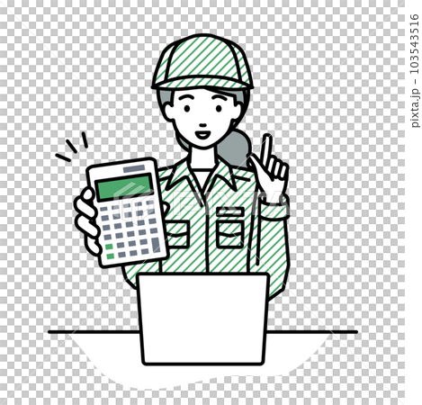 座ってデスクでノートPCを開いて電卓を指差してこちらに向けて見せている作業員の女性 座ってデスクでノートPCを開いて電卓を指差してこちらに向けて見せている作業員の女性 103543516