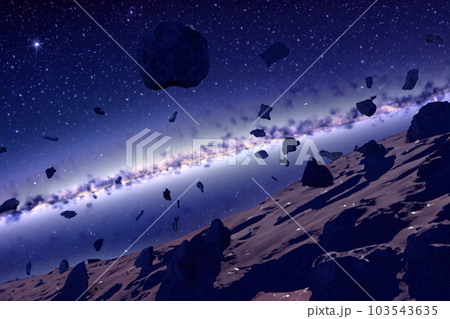 Asteroid. Giant asteroid cruising near Planet Earth scenery or spacescape. Outer space landscape and astronomy 3D rendering illustration. International Asteroid Day 2023. June, 30. Asteroid Belt. 103543635