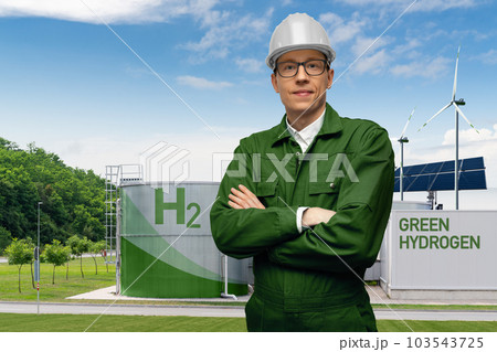 ngineer on a background of green Hydrogen factory 103543725