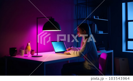 designer girl sitting at the table in front of laptop, neural network generated image 103543964
