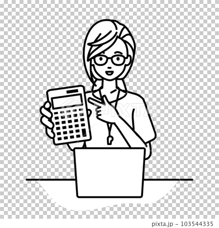 A female teacher sitting at her desk with her laptop open and pointing at a calculator pointing at you A female teacher sitting at her desk with her laptop open and pointing at a calculator pointing at you 103544335