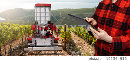 Farmer controls autonomous robot sprayer in a vineyard. Farmer controls autonomous robot sprayer in a vineyard. 103544936