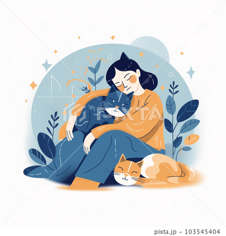 猫と幸せなひと時を過ごす女性　AI画像 103545404